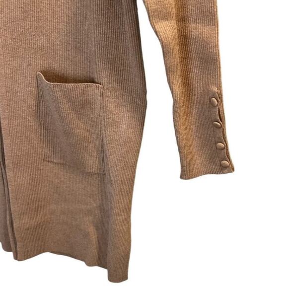Chico's Petite Ribbed Front Pocket Long Cardigan Sweater Tan Khaki Size 0P Cozy - Picture 6 of 15